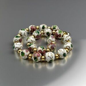 Vintage 14K Gold Cloisonné Beaded Bracelet Hand Painted Flowers 7”